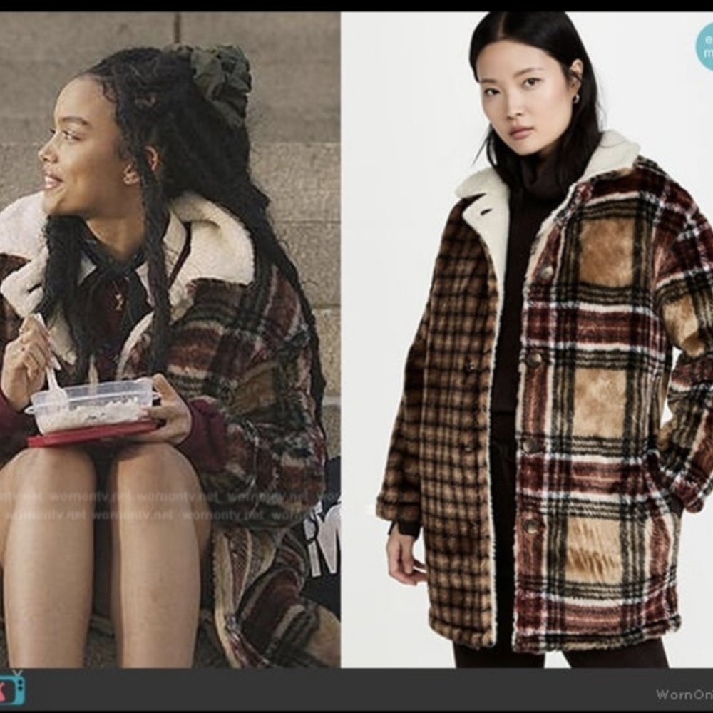Something Navy Faux Fur Plaid Teddy Trucker Coat Medium